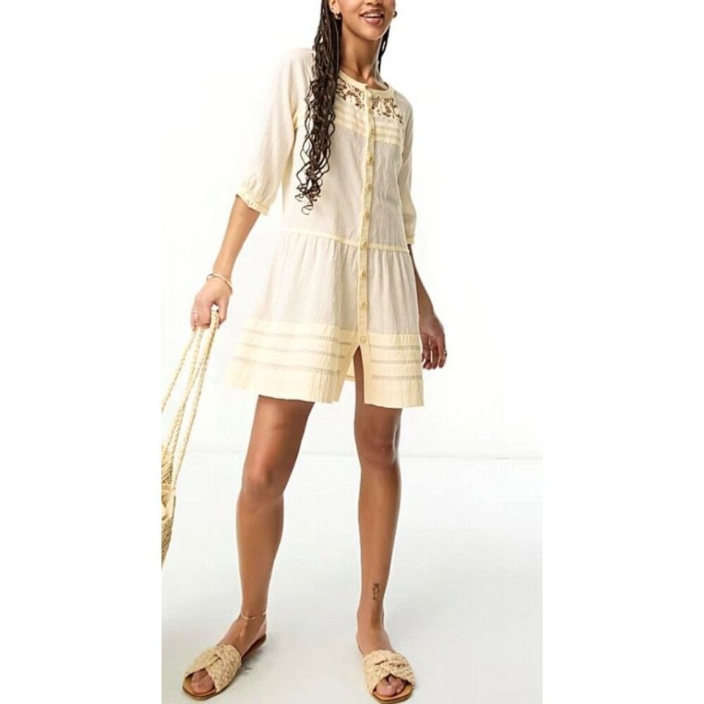 Free People Cream Lace Trim Button Front 3/4 Sleeve Tunic Dress Women's Small